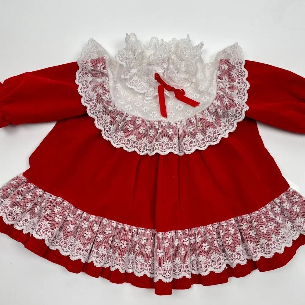 Vintage Toddler 18M Red Velvet and Lace Trim Christmas Dress w/ Bubble Sleeves